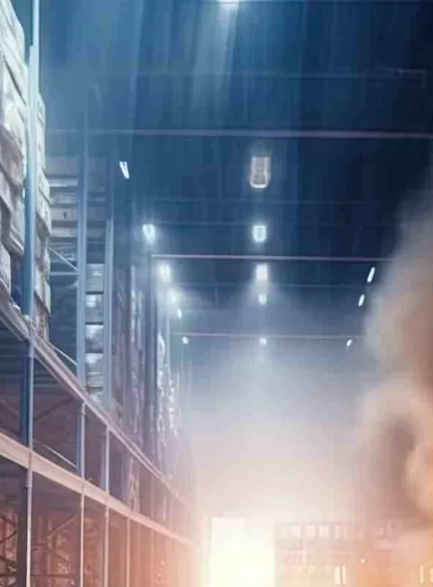 smoke in warehouse from a fire