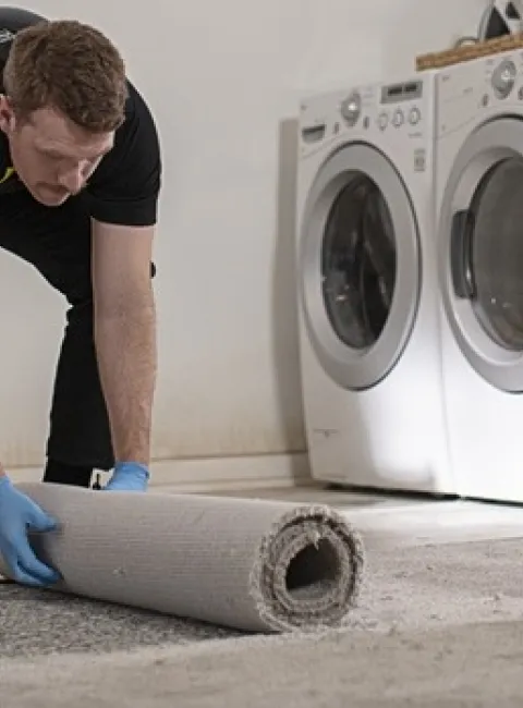 A ServiceMaster Fire & Water technician is rolling up wet carpet after a water damage caused by a leaking washing machine