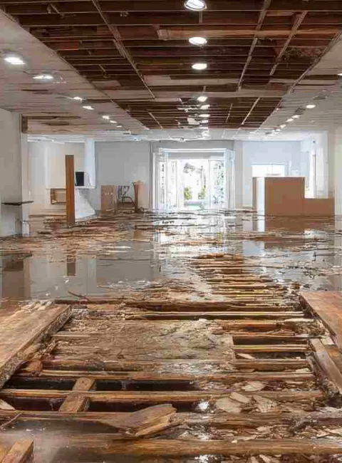 commercial building water damage on wood floors
