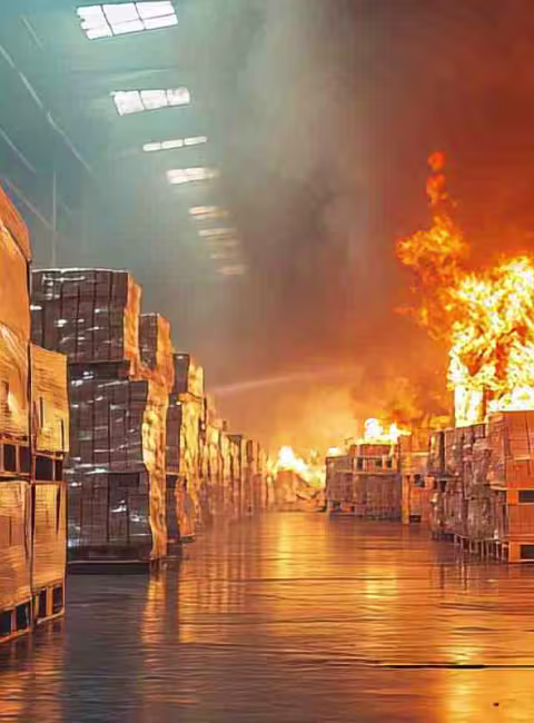 fire in warehouse at night