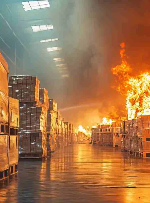 fire in warehouse at night
