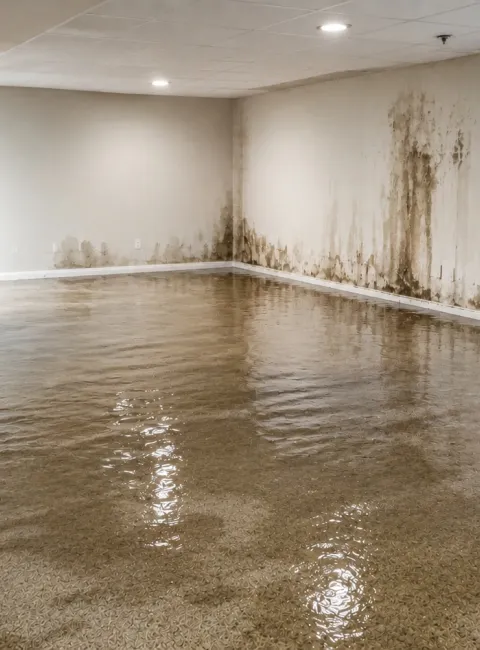 Water damage in basement, wet carpet and walls