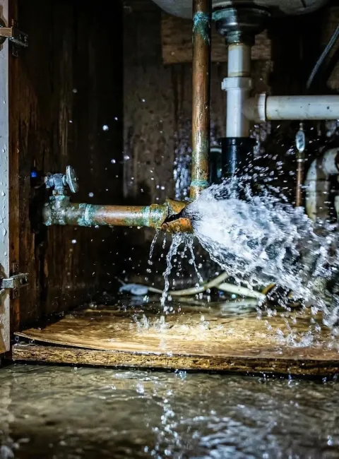 Water spraying from a broken a ruptered pipe