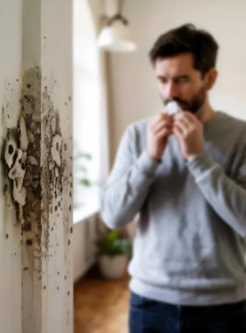 Person coughing because they are living with mold
