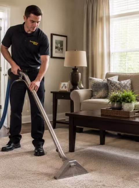 carpet cleaning tech extracting carpet in a modern living room