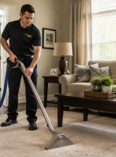 carpet cleaning tech extracting carpet in a modern living room