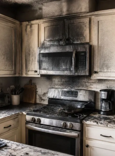 Smoke damaged cabinets, counters, and appliances after a small kitchen fire