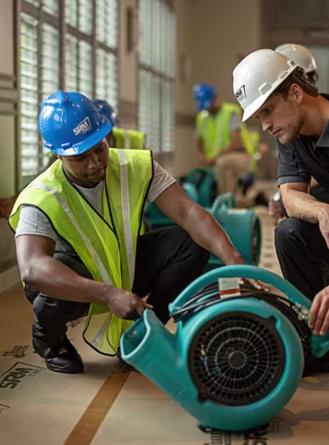 Two men inspect a teal blower machine together.