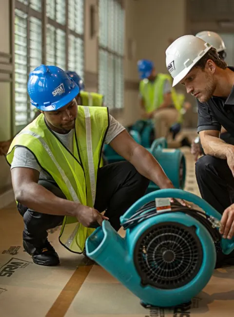 Two men inspect a teal blower machine together.