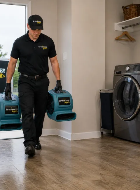 Servicemaster technician bringing in airmovers to help dry out water damage