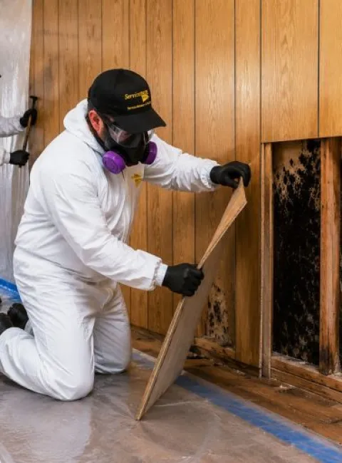 ServiceMaster technicians removing wall paneling exposing mold in wall cavity while in containment under negative pressure