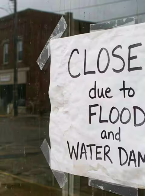 retail store with a sign saying they are closed due to water damage and flooding