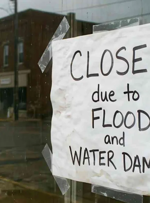 retail store with a sign saying they are closed due to water damage and flooding