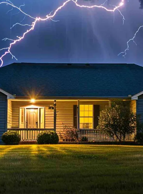 summer electrical storm with lighting coming down on a house