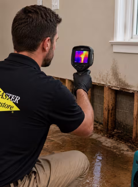 ServiceMaster Water Damage Technician Examining Wall with a Thermal Camera
