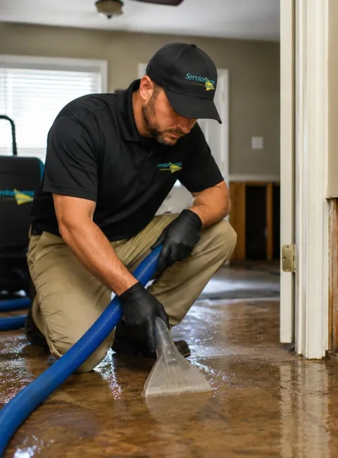 technician crouched down extracting water damaged floor
