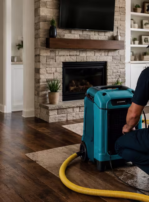 Tech setting up drying equipment in a living room