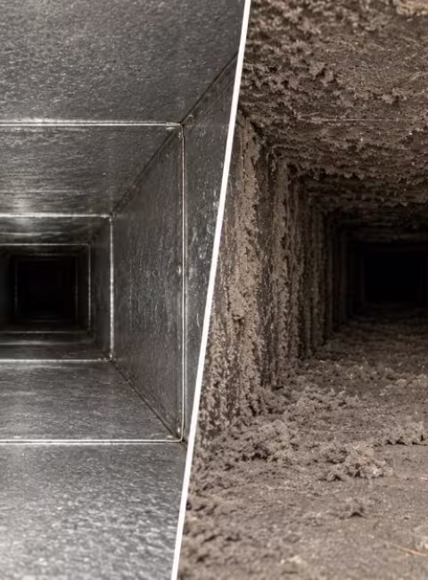 Before and after picture of professional air duct cleaning of air supply trunk duct 