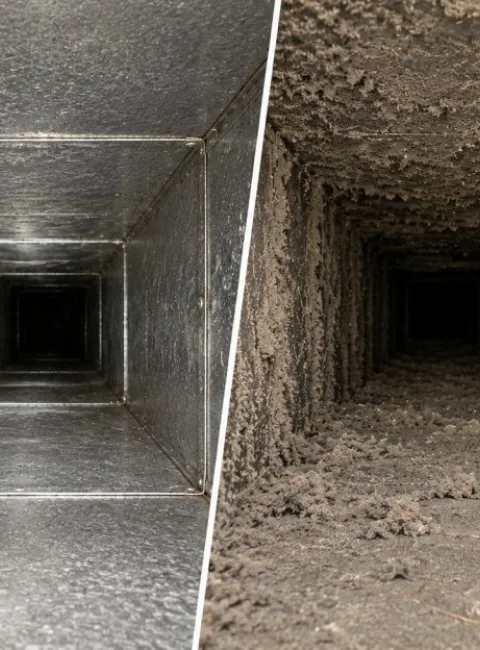 Before and after picture of professional air duct cleaning of air supply trunk duct 