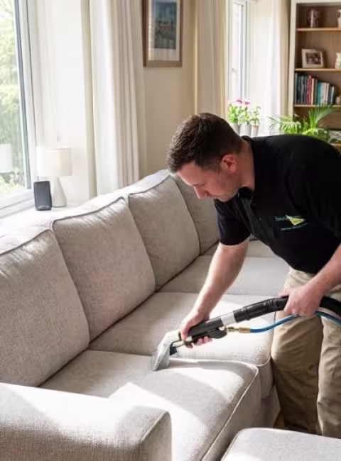 ServiceMaster Tech hot water extracting a sectional sofa