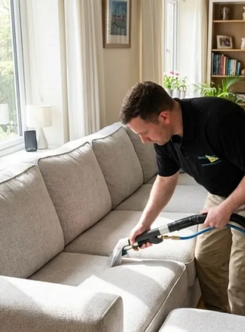 ServiceMaster Tech hot water extracting a sectional sofa