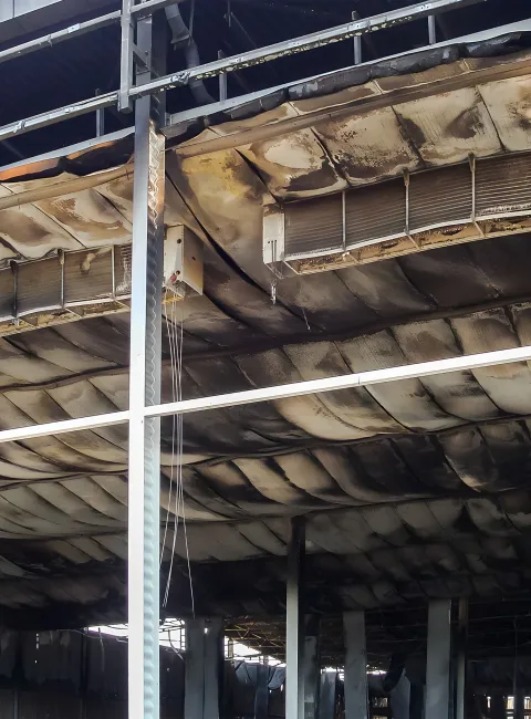 heavy building damage from commercial fire 