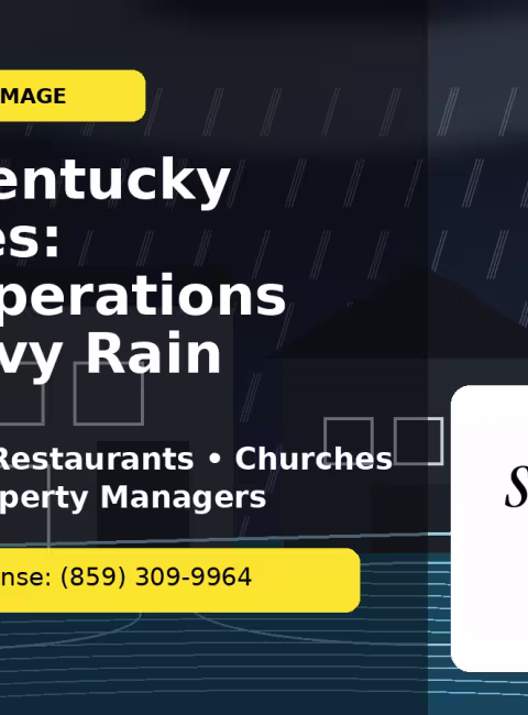 Commercial buildings in Central Kentucky during heavy rain with stormwater pooling, highlighting 24/7 emergency water damage response from ServiceMaster