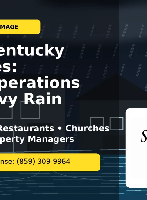 Commercial buildings in Central Kentucky during heavy rain with stormwater pooling, highlighting 24/7 emergency water damage response from ServiceMaster