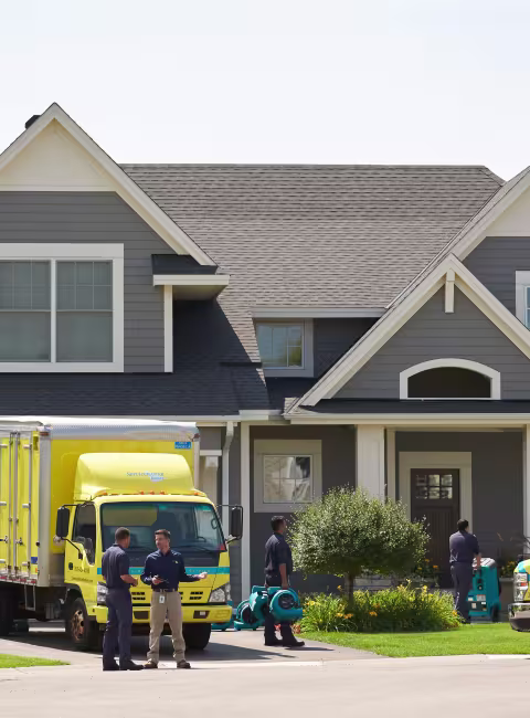 servicemaster yellow vans in front of a house