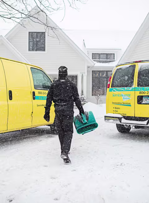 servicemaster restore technician carrying an industrial dryer into a home
