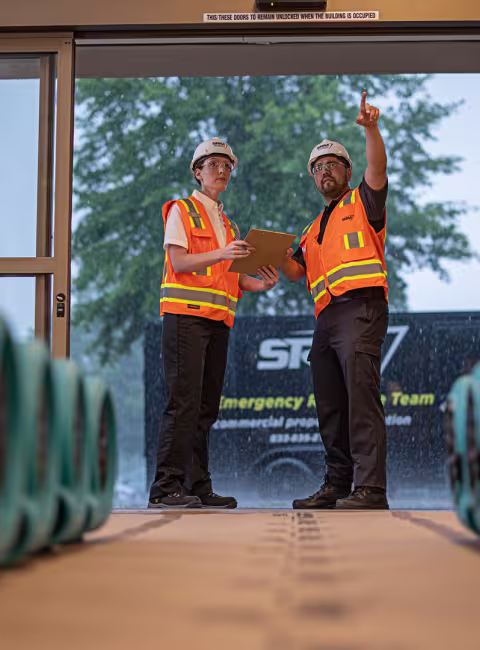servicemaster restore technicians having a discussion in a commercial space between a row of floor dryers