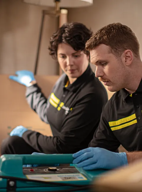 ServiceMaster techs setting up HEPA filtration in a fire damaged home