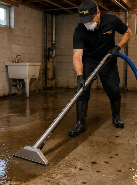 ServiceMaster technician extracting sewer water from a concrete basement floor