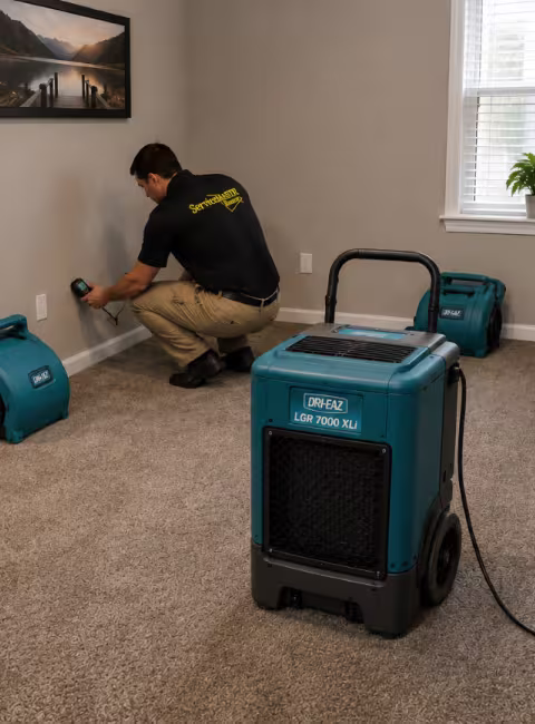 ServiceMaster technician setting up airmovers and dehumidification to dry out water damaged room