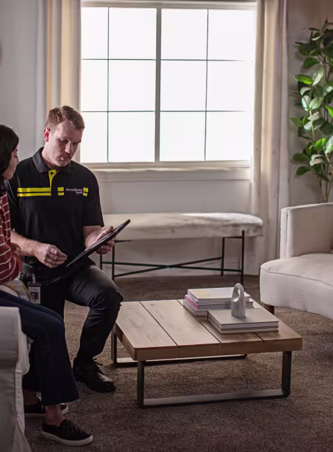 servicemaster tech and customer discussing fire damage in a living room