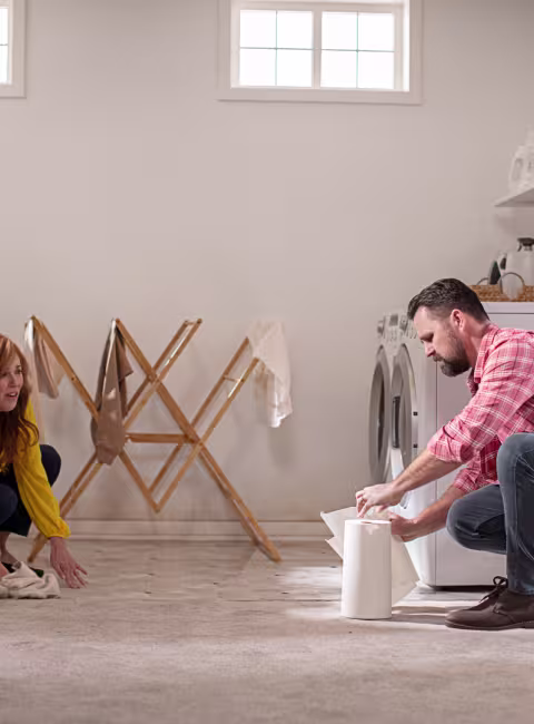 couple attempting to cleanup water in their flooded basement