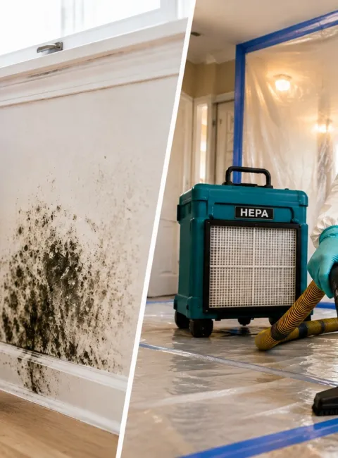 DIY Mold removal of homeowner and spray bottle vs Professional Technician in full protective gear with HEPA Vacuum and containment
