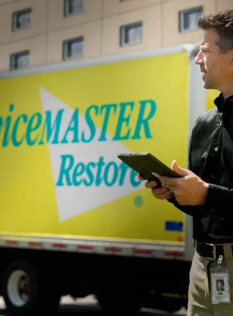 servicemaster restore technician in front of a van