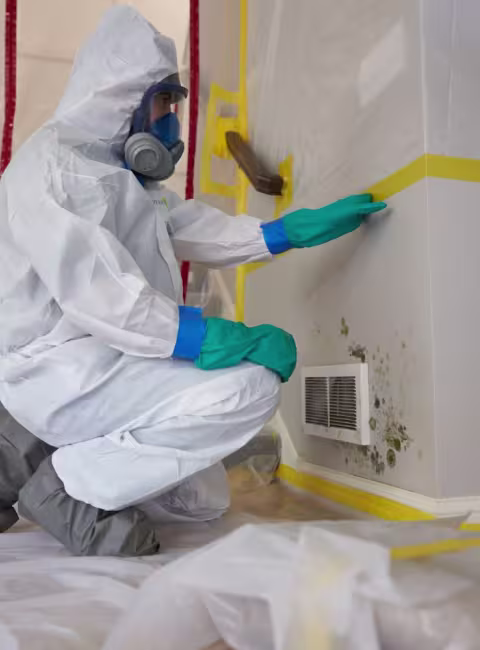servicemaster technician in full ppe crouched down in front of a wall performing mold removal services