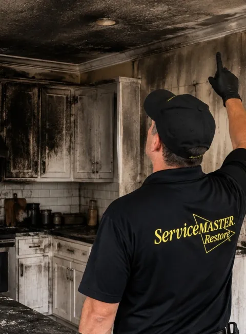 ServiceMaster technician pointing to areas of damage or concern in a fire damaged kitchen