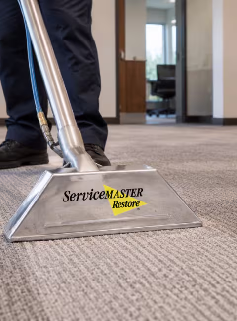 view of a carpet cleaning wand going across dirty commercial carpet in a modern office setting
