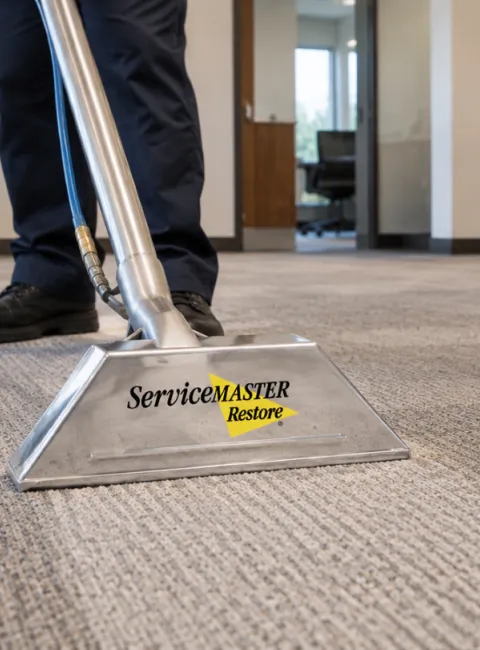 view of a carpet cleaning wand going across dirty commercial carpet in a modern office setting