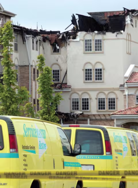 behind-pov-of-a-fleet-of-servicemaster restore vans heading for a weather damaged hotel