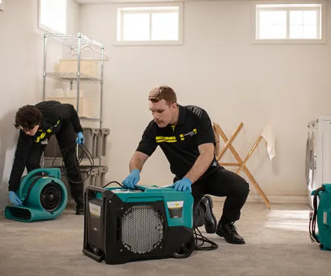 Water damage technicians restoring flooded basement