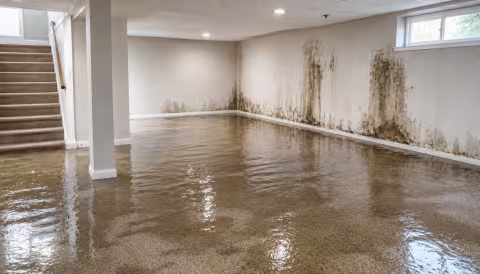 Water damage in basement, wet carpet and walls