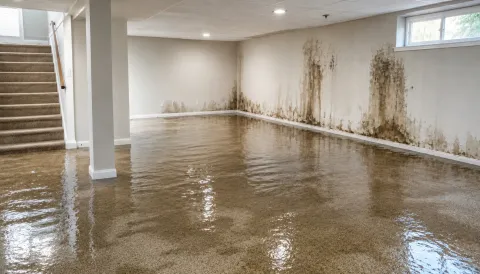 Water damage in basement, wet carpet and walls