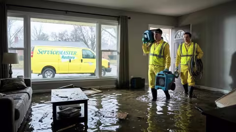 Techs walking into flooded house