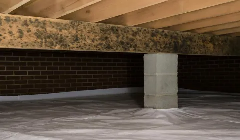 Mold on craw space floor support beam