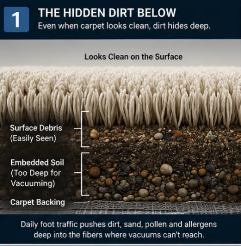 Illustration showing soil hidden beneath carpet fibers