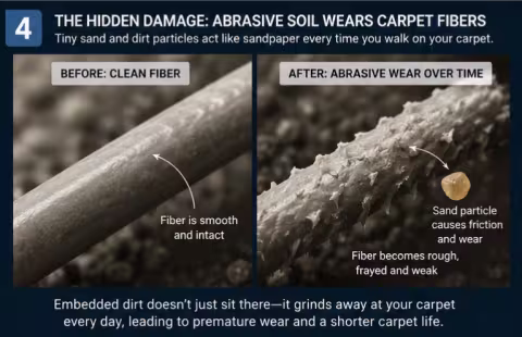 Diagram comparing undamaged carpet fiber vs soil abraded carpet fiber 